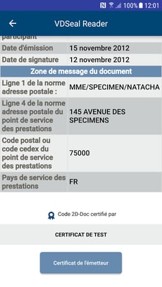 Résultat de la vérification d'un 2D-Doc valide dans VDSeal Reader 2