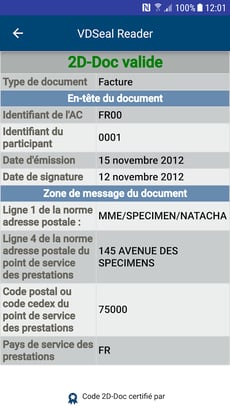 Résultat de la vérification d'un 2D-Doc valide dans VDSeal Reader