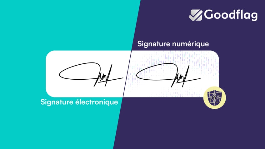Illustration de la différence entre signature électronique et signature numérique : une signature manuscrite identique des deux côtés, celle de droite superposée à un motif de code représentant le chiffrement de la signature numérique.