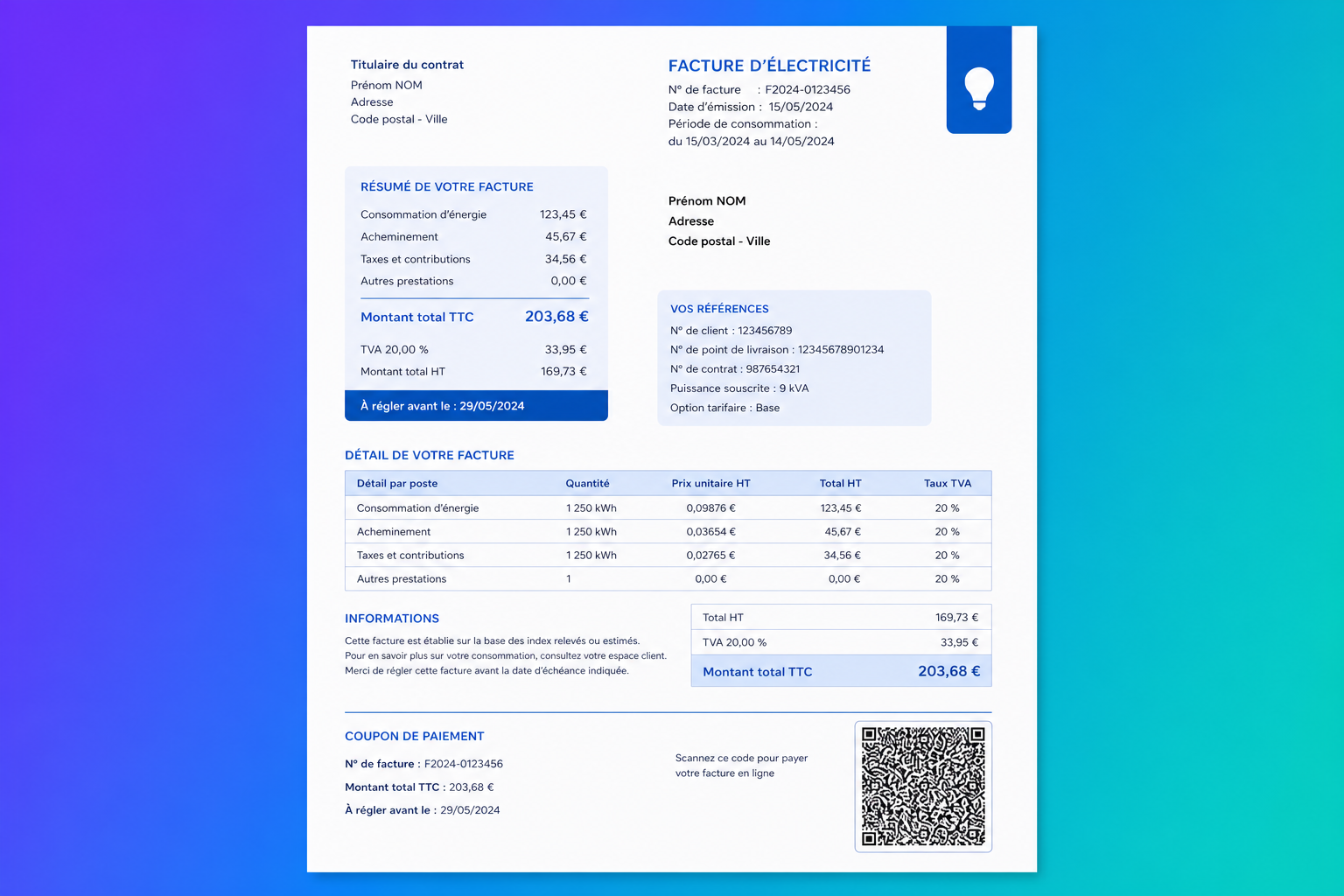 Stylized Energy Bill With Datamatrix 2DCode On Blue Gradient Background